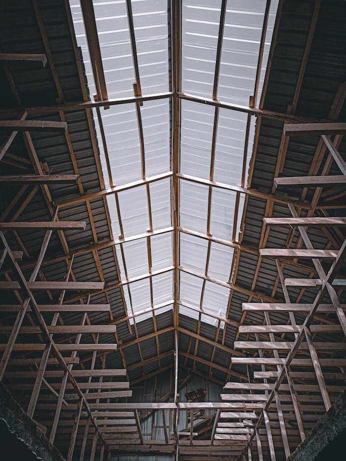 about-us Viewing the intricate wooden framework supporting a warehouse ceiling.